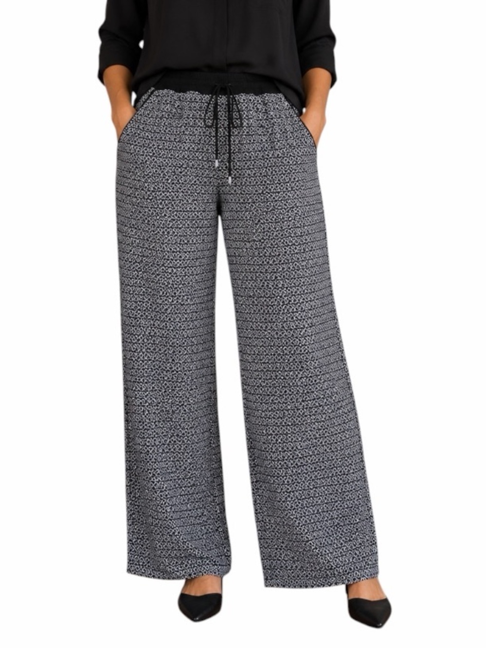 Notations Small Black & White Geometric Print Pull On Pants Elastic Waist Flowy